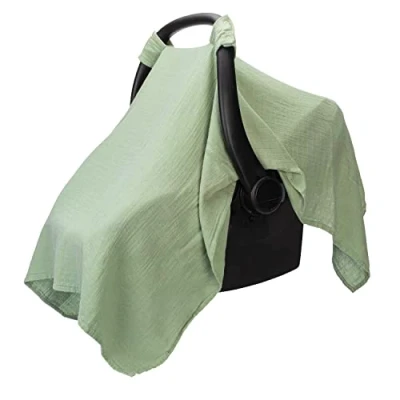 Image of Muslin Cotton Baby Car Seat Cover, Universal Fit Carseat Canopy Covers for Babies, Girls and Boys by Comfy Cubs (Sage)