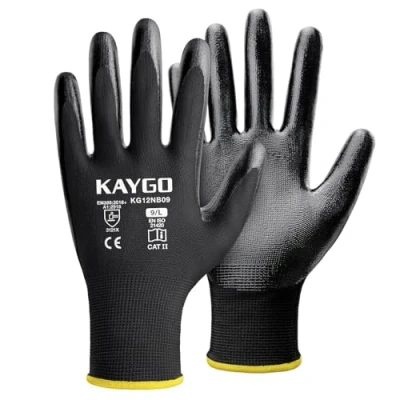 Image of KAYGO Safety Work Gloves Nitrile Coated, Good Grip and Dexterity, 12 Pairs General Purpose Durable Working for Men Women, Ideal Construction Warehouse Automotive DIY, KG12N (Black, L)
