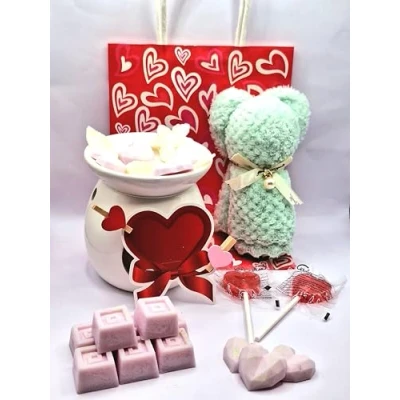 Image of Valentine&#039;s Day Gift Set, Patchouli Wax Melts with Ceramic Burner, Plush Bear, Heart Chocolates and Lollies