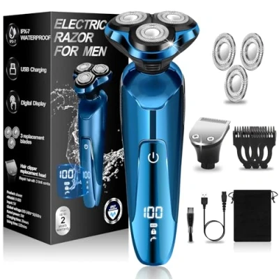 Image of 2023 Electric Razor for Men,Electric Shaver Men, 5 in 1 Waterproof Rotary Men&#039;s Face Cordless USB Rechargeable Shaving Ideas Gift Dad Husband (Blue Shaver+Head)
