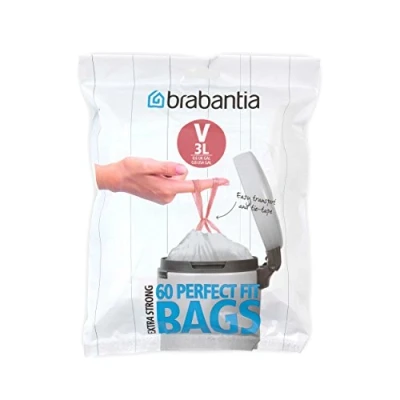 Image of Brabantia IdealFit Bin Liners (Size V/3 Litre) Ideal Quality Thick Plastic Trash Bags with Tie Tape Drawstring Handles (60 Bags)