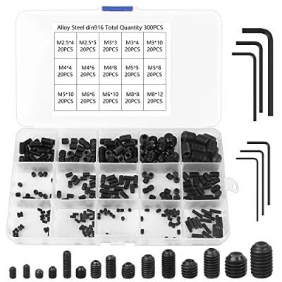 Image of 300 Pieces Grub Screws Assorted, Alloy Carbon Steel Hex M2.5 M3 M4 M5 M6 M8 Metric Cup Point with 6 Alley Keys for Home Industry