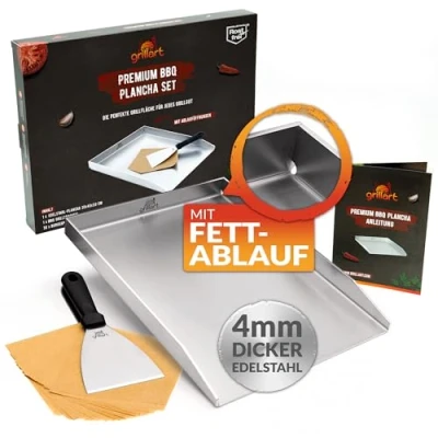 Image of grillart® Premium Plancha Grill Plate with Spatula Made of Solid 4 mm Stainless Steel 30 x 40 cm Universal Size Also Suitable for Induction Cookers Dishwasher Safe and Rustproof