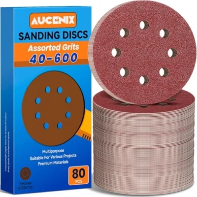 Image of Aucenix 80PCS 125mm Sanding Discs: 8 Holes (40/60/80/120/150/180/240/320/400/600) Assorted Grits Pads Hook and Loop Sandpaper Sheets for Random Orbital Sander Wall Metal Wood