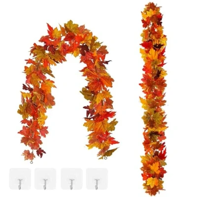 Image of 2 Pack Autumn Garland Maple Leaf, 5.9Ft/PCS Fall Leaves Hanging Artificial Orange Leaf Vine for Indoor Outdoor Fireplace Halloween Thanksgiving Decoration