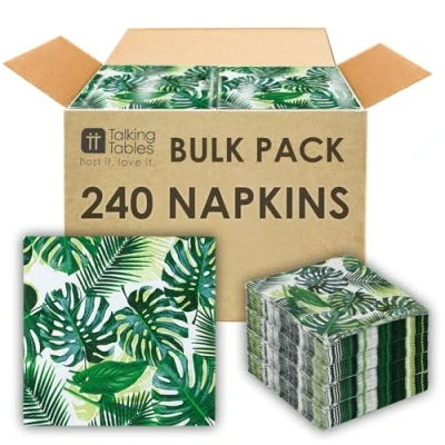 Image of Talking Tables 240 x Tropical Cocktail Napkins Disposable Paper Palm Bulk Pack Serviettes for Kid&#039;s Jungle Hawaiian Party Theme Table Decorations, Luau, Summer, Picnic, Green, 3ply Decoupage