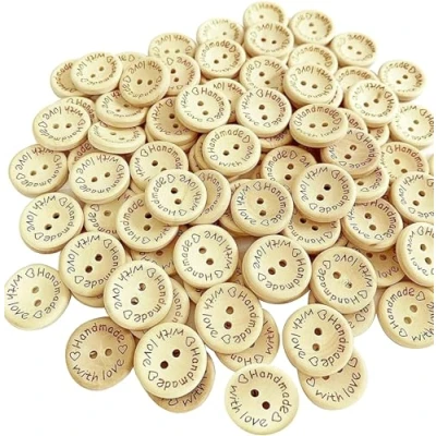 Image of 100PCS Wood Buttons for Sewing and15mm Crafting Handmade with Love Wooden Button