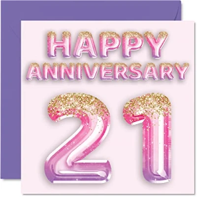 Image of Pretty 21st Anniversary Card for Wife Girlfriend Husband Boyfriend Pink Purple Glitter Balloons Happy 21 Cards from Family, 145mm x Greeting Twenty First Anniversaries
