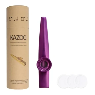 Image of WANDIC Aluminum Alloy Kazoo and 3 Membrane Flute Diaphragm Mouth Kazoos with Vintage Gift Box Purple