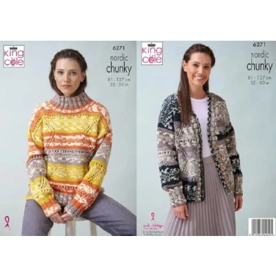 Image of King Cole Knitting Pattern Ladies Cardigan or Chunky Fair Isle Sweater (6271)