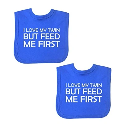 Image of BabyPrem Baby Pack of 2 Bibs Twins Girls Boys Feed Me First Blue
