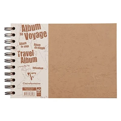 Image of Clairefontaine Ref 78116C Age Bag Wirebound Travel Album (80 Pages) A5 Size, Lined Rullings, 120gsm White Pages &amp; 160gsm Black Grained Brown