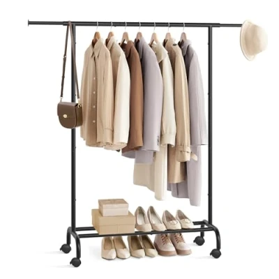 Image of SONGMICS Clothes Rail, Rack, Extendable Hanging Clothing Storage with Wheels, 45 kg Total Max. Load, 40 x (83 120) 156 cm, Ink Black HSR134B01