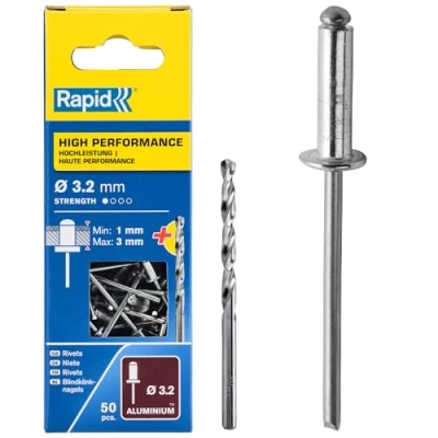 Image of Rapid High Performance Aluminium Rivets, Ø3.2 x 6 mm 3.2mm Rivets for Mudguards, Metal and Plastic Covering, Signage, Sheeting Includes Drill 50 Pieces, Carton Boxed (5001528)