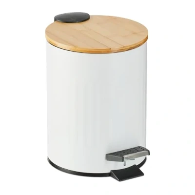 Image of Relaxdays Step Pedal Bin, 3 Litre, Soft close Mechanism, Removable Inside, Bathroom Cosmetic Waste, Metal, Bamboo, White, Iron, 23.5 x 17 21.5 cm
