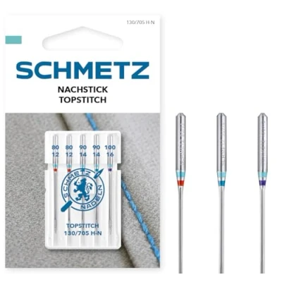 Image of SCHMETZ Domestic Sewing Machine Needles 5 Topstitch 130 N Needle Size 2X 80/12, 90/14 und 1x 100/16 Can be Used on All Conventional Household and Embroidery Machines