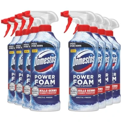 Image of Domestos Power Foam Toilet and Bathroom Surface Cleaner Bleach Free Upside Down Limescale Remover Multi Purpose Spray with Fresh Bio Degradable Fragrance, 450ml (Arctic Fresh, Pack of 8)