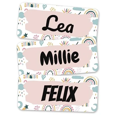 Image of melu kids® Name Labels for Clothes &amp; Items (50 Pieces) Personalised and Washable Kids Stickers, Stick on Tags (Colourful)