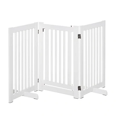 Image of PawHut Freestanding Dog Gate Wood Doorway Safety Pet Barrier Fence Foldable w/Latch White, 155 x 76 cm