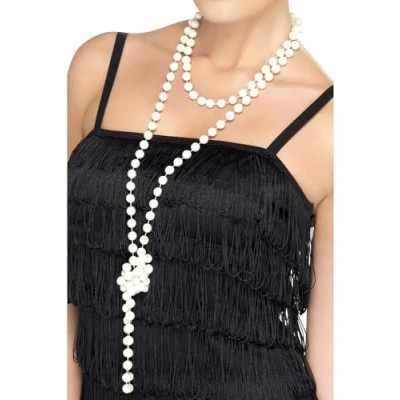 Image of Smiffys Pearl Necklace, White 180cm / 71in Long, 1920&#039;s Razzle Fancy Dress, 1920s Dress Up Jewellery