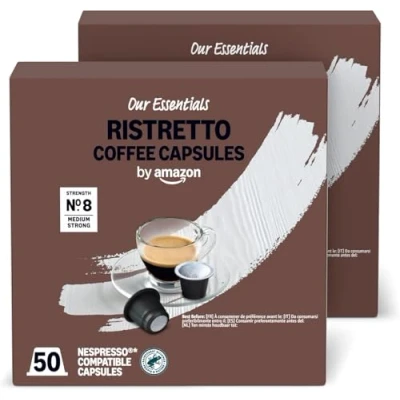 Image of by Amazon Ristretto Coffee Capsules Nespresso Compatible, Medium Roast, 100 Count (2 Packs of 50) Rainforest Alliance Certified