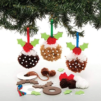 Image of Baker Ross AT207 Christmas Pudding Pom Decoration Kits, Festive Arts and Crafts (Pack of 3), Assorted
