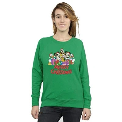 Image of Disney Women&#039;s Mickey Mouse and Friends Christmas Sweatshirt Irish Green Large