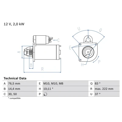 Image of 93861155 Starter motor BOSCH 0 986 023 530 12V 2,2kW 11, 10 50 links 76,5mm RENAULT: MASTER 3 Kasten, TRAFIC 2 Bus