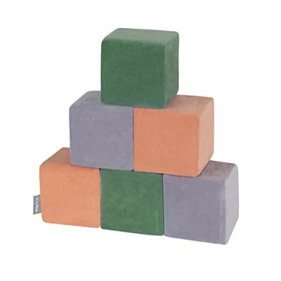 Image of KiddyMoon Soft Foam Velvet Cubes Building Blocks 14Cm For Children Montessori Toy Babies, Certified Made In EU, 6 Pieces, Cubes:Forest Green Desert Pink Grey Mountains