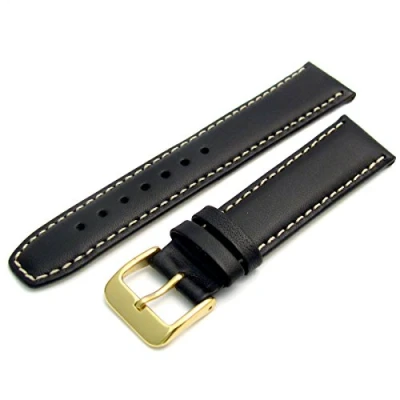 Image of Fine Quality Condor Padded Calf Leather Watch Strap 18mm Black with Gilt (Gold Colour) Buckle. Contrast Stitching 615R
