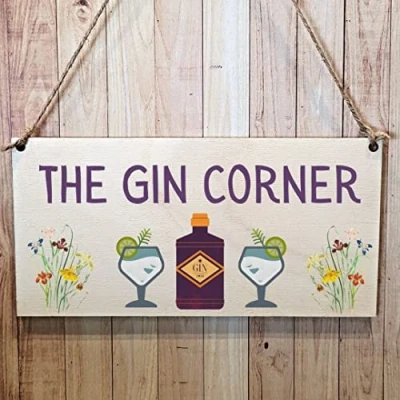Image of Second Ave Funny The Gin Corner Wooden Hanging Gift Friendship Rectangle Home Shed Sign Plaque