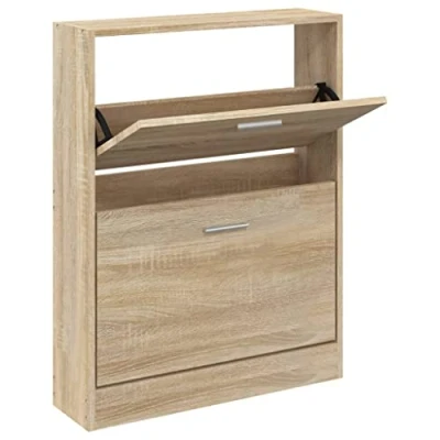 Image of vidaXL Shoe Cabinet Oak 59x17x81 cm, Engineered Wood, Brown, Modern Design, Ample Storage, Easy Assembly, Anti Overturning Device Included.