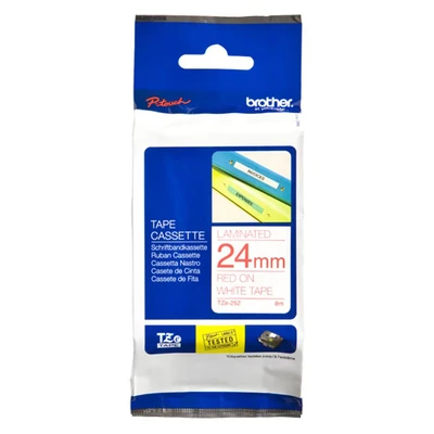 Image of Brother TZe 252 Labelling Tape Cassette, 24 mm (W) x 8 m (L), Laminated, Genuine Supplies Red on White