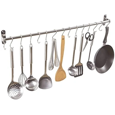 Image of Alicemall Kitchen Utensil Rail with 15 Sliding Hooks, Wall Mounted Hanging Rail, 304 Stainless Steel Pot Pan Bar Rack, Hanger Hooks for Tools, and Pan(80cm)
