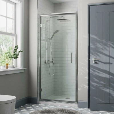 Image of Diamond® 760mm Hinged Shower Door for Wet Room Cubicle Enclosures, 8mm Toughened Safety Glass Space Saving, Framed, Polished Chrome