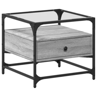 Image of vidaXL Coffee Table with Glass Top Grey Sonoma Engineered Wood &amp; Stainless Steel Frame 50x50x45 cm