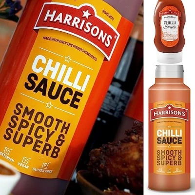 Image of Harrisons Chilli Sauce Bottles Pack of 2 Vegetarian Sauces 1 300 ml and 2nd 1L No Artificial Colour Flavour Made in UK