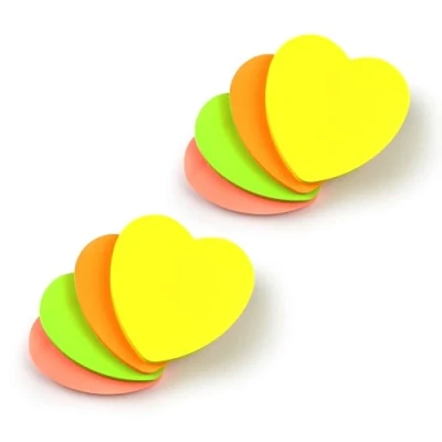 Image of Evergreen Goods 8 Pads Heart Shaped Bright Coloured Neon Sticky Post Notes Removable Adhesive Assorted Colours (Yellow, Orange, Peach, Green) 100 Sheets Per Pad 76x76mm (3&quot;x3&quot;)