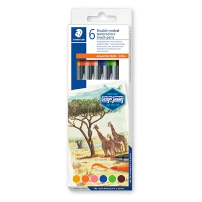 Image of STAEDTLER 3001 C6 3 Design Journey Watercolour Brush Pens Around the World Series Africa (Pack of 6 Assorted Colours)