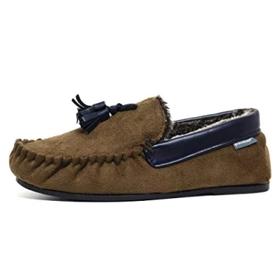 Image of DUNLOP Mens Famous George Moccasin Loafers Faux Sheepskin Fur Slippers with Rubber Sole (10 UK, Chestnut Tassel)