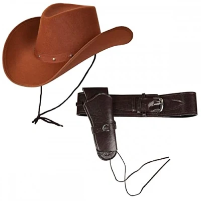 Image of Adult Brown Texan Cowboy Hat + Deluxe Holster : Wild West Fancy Dress Accessory