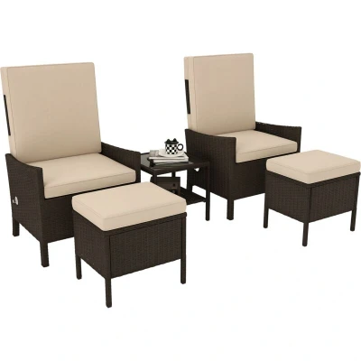 Image of Outsunny 5 Piece Rattan Garden Furniture Set, Wicker Patio Sofa Set with 2 Armchairs, Footstools, Glass Top Coffee Table Shelf, Outdoor Adjustable Backrests, Cushions, Khaki