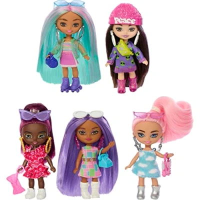 Image of ​Five Barbie Dolls, Extra Mini Minis Bundle, Small Dolls with Colorful Fashions and Accessories​​, HPN09, Pink, purple