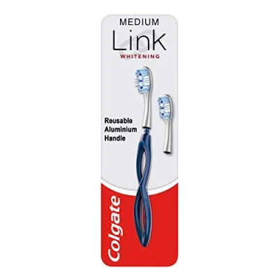 Image of Colgate Link Manual Toothbrush Whitening Starter Kit Including 1 Premium Aluminium Handle &amp; 2 Replacement Brush Heads Medium, Navy, Stain Removing Technology, 80% Less Plastic