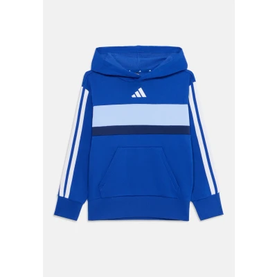 Image of adidas Unisex Kids SEASONAL ESSENTIALS TIBERIO 3 STRIPES FLEECE HOODIE, team royal blue/white/glow blue, 7 8 Years