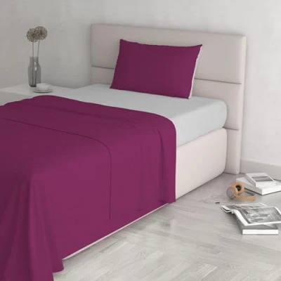 Image of Italian Bed Linen Natural Color Set (Flat 150x300, Fitted Sheet 90x200cm+Pillowcase 52x82cm), Petrol Bottle Green, 100% Cotton, Fuchsia/Light Gray, SINGLE