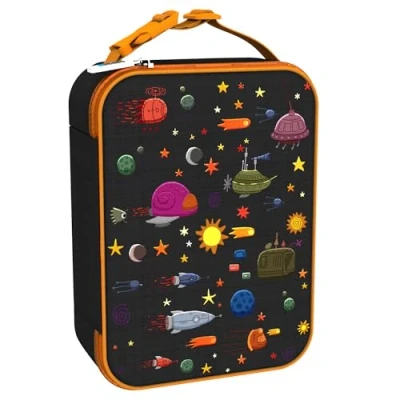 Image of Ion8 Spaceships Lunch Bag, Easy Access 3 Sided Zip, Write On Name Patch, Freshness &amp; Insulation for 6 Hours, Elasticated Mesh Pocket Bottles, Machine Washable, Polyester Material, Black