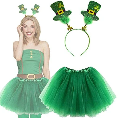 Image of Lizzy® Women&#039;s St Patrick&#039;s Day Tutu Costume with Headbopper Mini Hats &amp; Fur Ladies Irish Fancy Dress