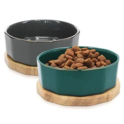 Image of Navaris Ceramic Dog Bowl Set of 2 800ml Water or Food Bowls for Pet Dogs and Cats with Non Slip Oak Wood Underlay Grey, Petrol
