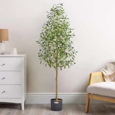 Image of CHRISTOW Artificial Olive Tree, Indoor Outdoor House Plant Decoration, Faux Olives &amp; Lifelike Feel Real PEVA Leaves, Pre Potted in Weighted Cement Pot for Living Room Bedroom Office (5ft/150cm)